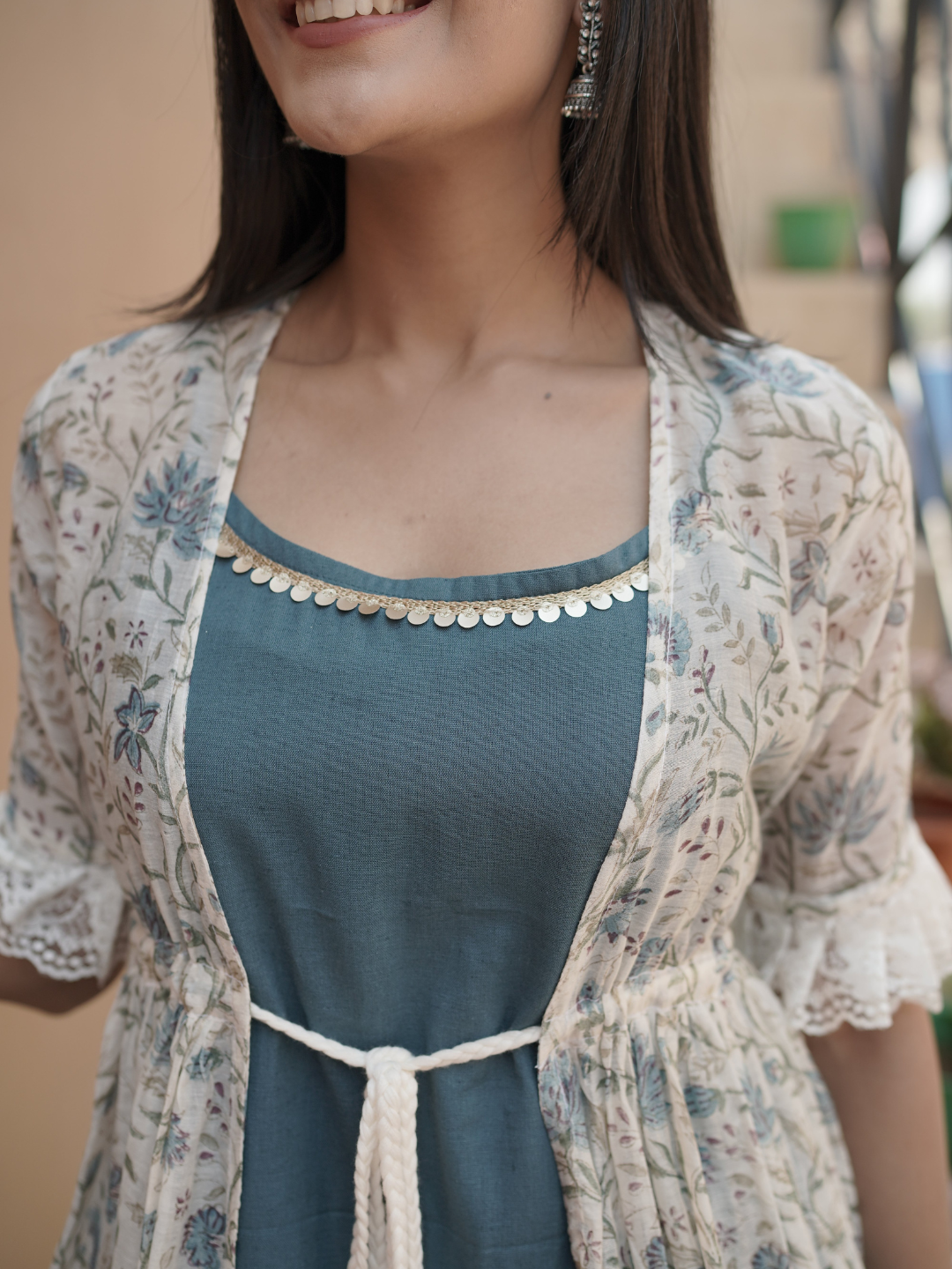 Chanderi Block Print Shrug with Inner Dress - Image 2