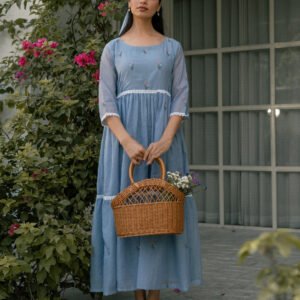 Blue Breeze Dress in Kota Doriya Fabric with Embroidery