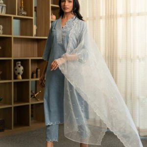 Chambray Embroidered Kurta Set with Dupatta and Pants - Image 6