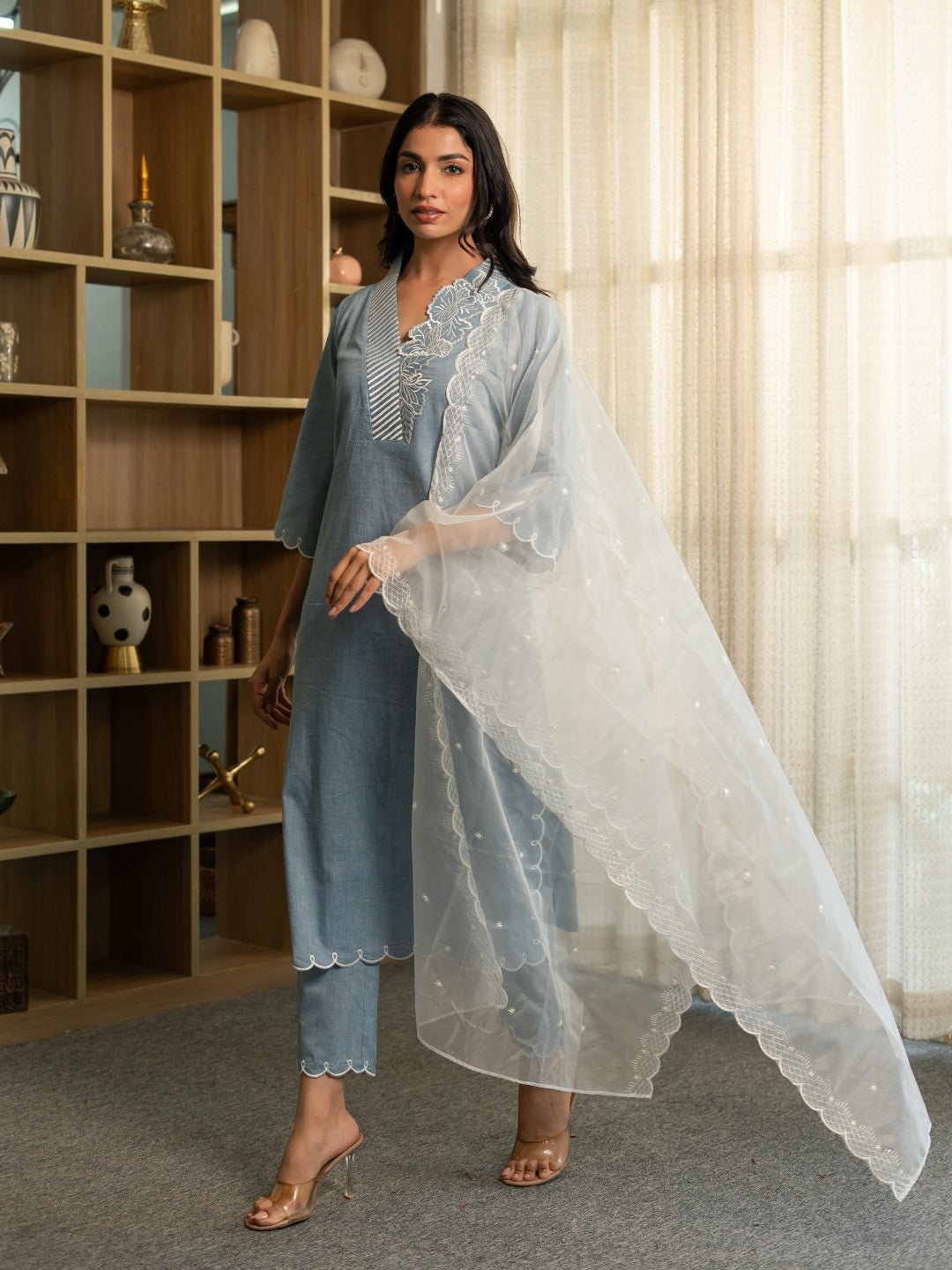 Chambray Embroidered Kurta Set with Dupatta and Pants - Image 6