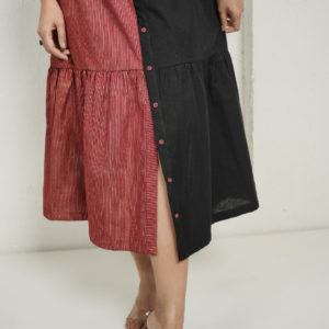 Red Block Print and Black Dress with Detailing - Image 4