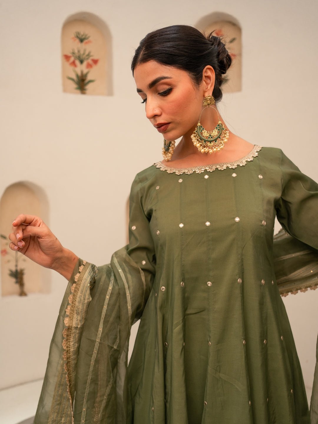 Green Chanderi Anarkali Kurta Set With Dupatta And Pants - Image 4