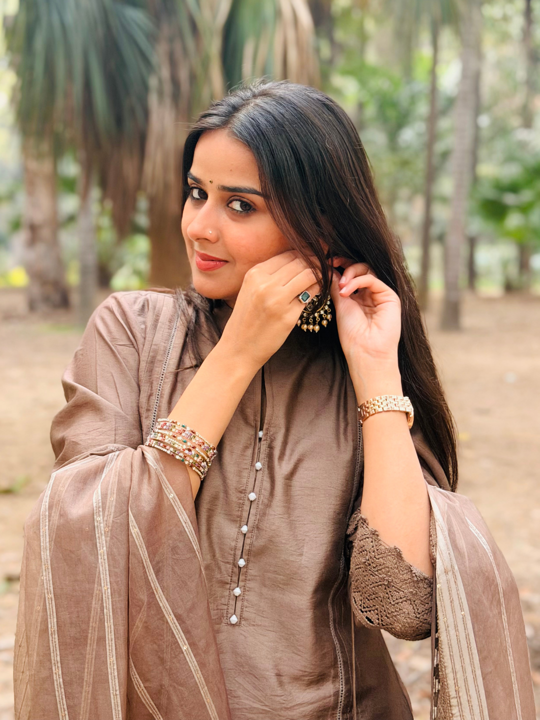 Brown Chanderi Kurta Set With Dupatta And Pants - Image 5