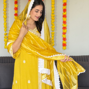 Alternative view of Crinkle Crepe Yellow Embroidery Kurta Set With Organza Dupatta