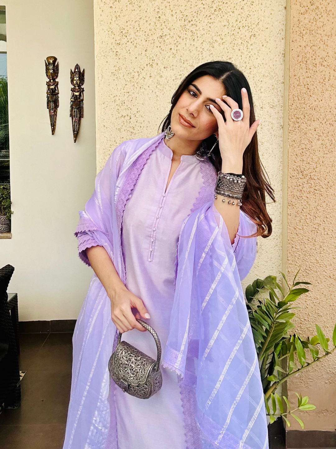 Lilac Chanderi Kurta Set With Dupatta & Pants - Image 4