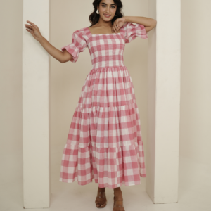 Pink Check Block Printed Dress
