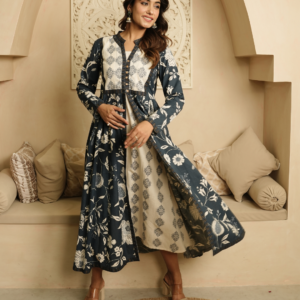 Blue and Beige Block Print Cotton Dress
