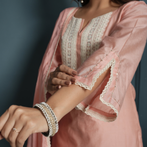 Pastel Pink Chanderi Kurta with Pants and Dupatta - Image 4