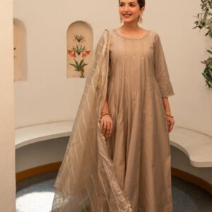Amber Chanderi Anarkali Kurta Set with Dupatta and Pants - Image 11