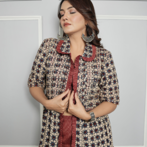 Cotton Linen Co-ord Set with Block Print Ajrakh Shrug - Image 5