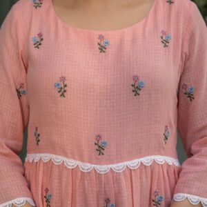 Pink Mist Dress in Kota Doriya Fabric with Embroidery - Image 3