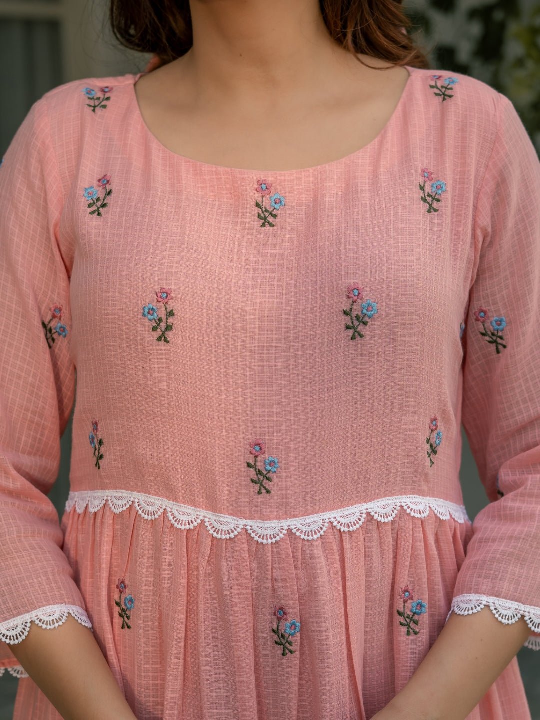 Pink Mist Dress in Kota Doriya Fabric with Embroidery - Image 3