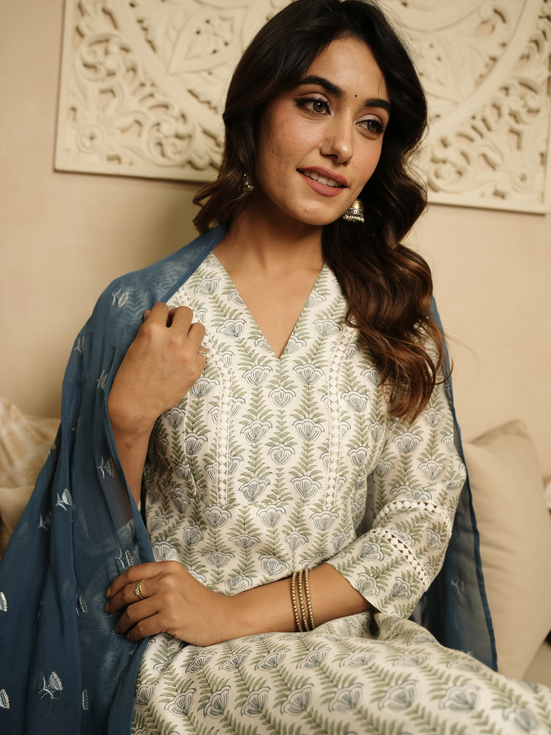 Blue Hand Block Chanderi Kurta Set - Image 4