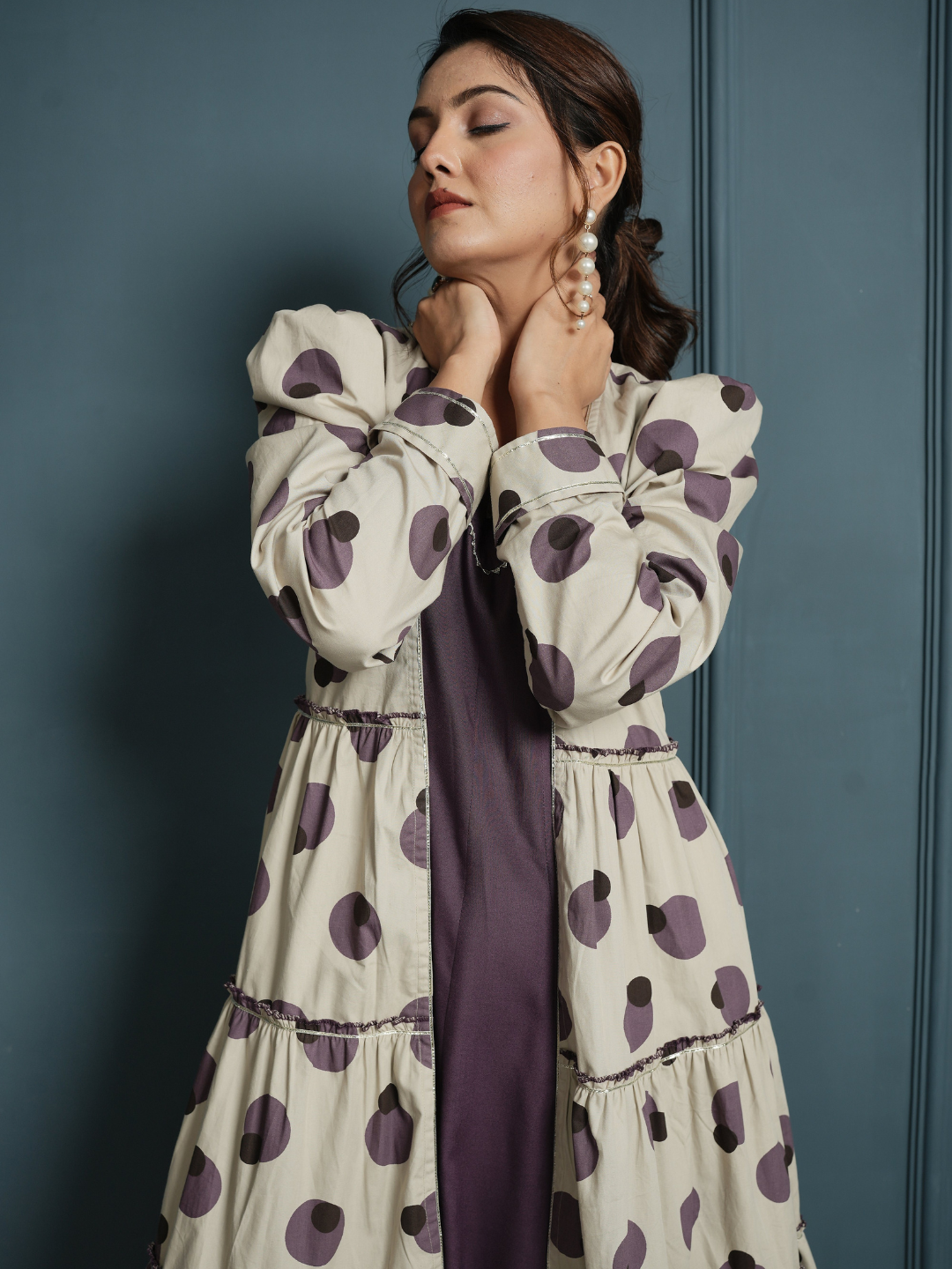 RAYON INNER DRESS WITH POPLIN BLOCK PRINT SHRUG - Image 4