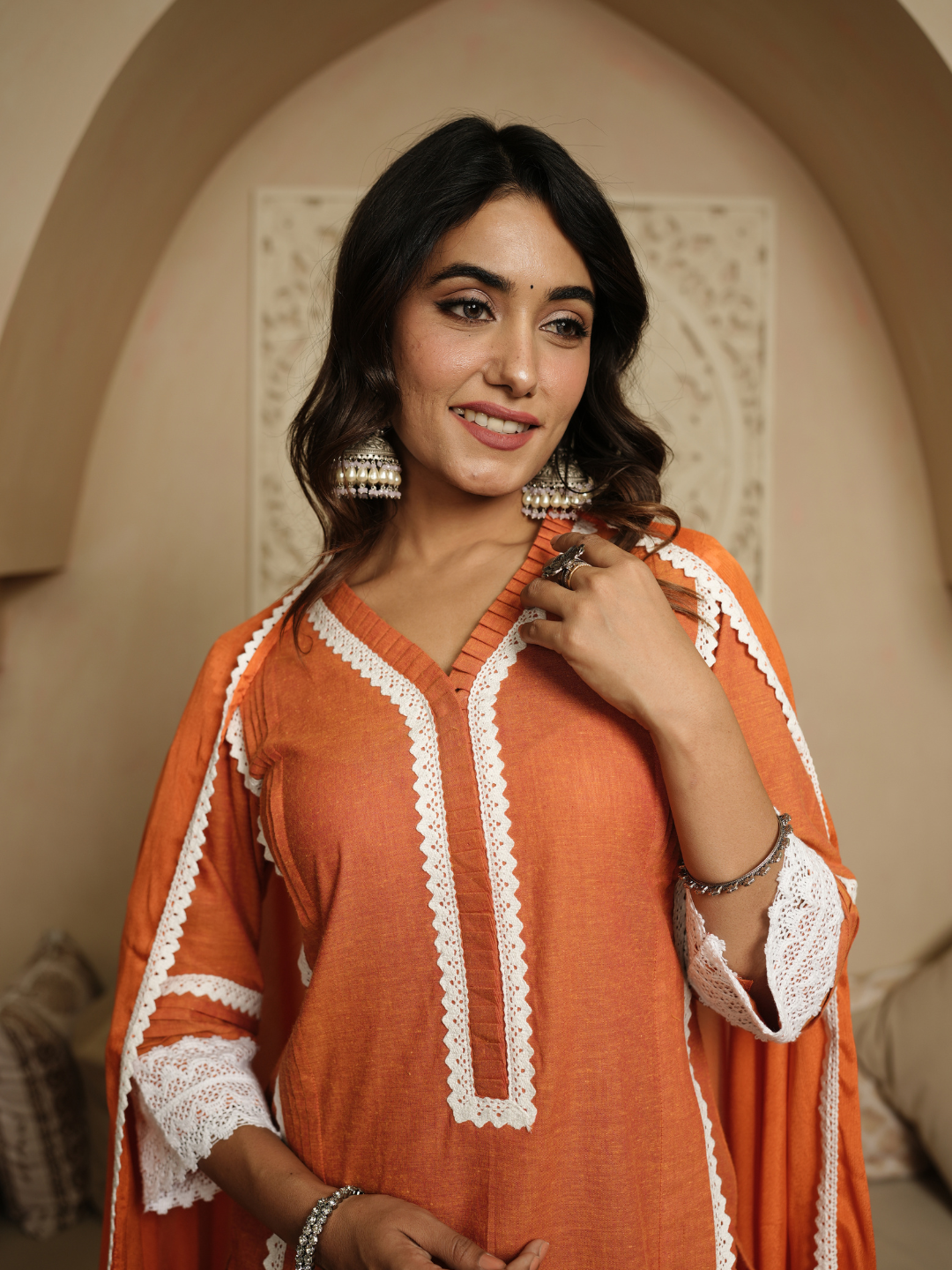 Cadmium Orange Kurta with Dupatta and Pants - Image 4