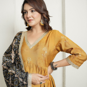 Muslin Yellow Anarkali  Kurta with Black Banhdej Dupatta - Image 4