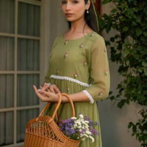 Mint Grace Dress in Kota Doriya Fabric with Embroidery - Image 5