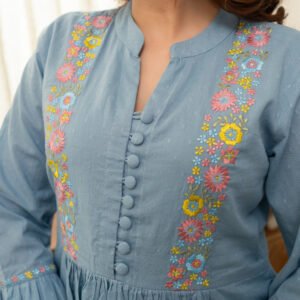 Dobby Blue Dress with Embroidery - Image 3