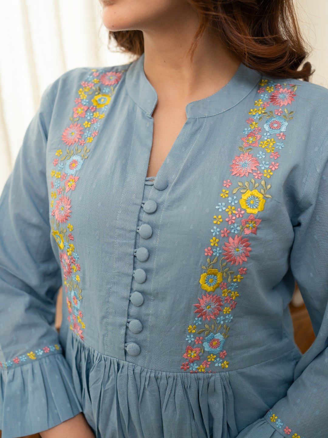 Dobby Blue Dress with Embroidery - Image 3