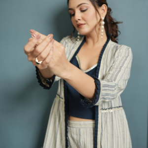 Indigo Crop Top And Pant with Cotton Linen Shrug - Image 4