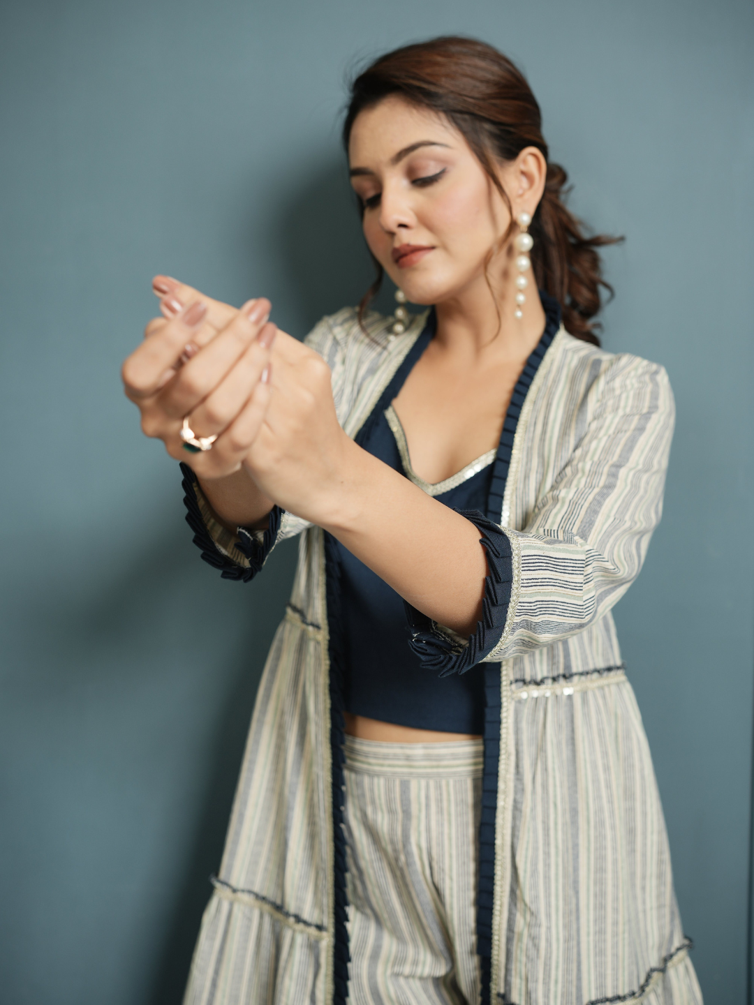 Indigo Crop Top And Pant with Cotton Linen Shrug - Image 4