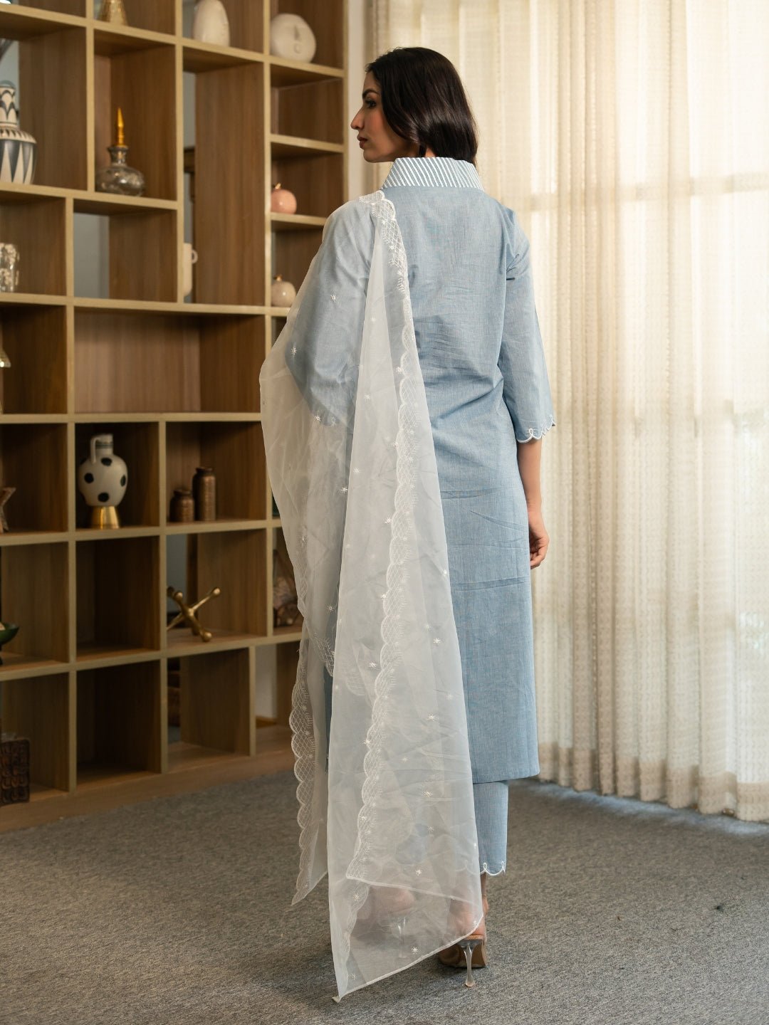 Chambray Embroidered Kurta Set with Dupatta and Pants - Image 2