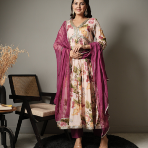 Floral Anarkali Kurta With Pants and Dupatta - Image 3