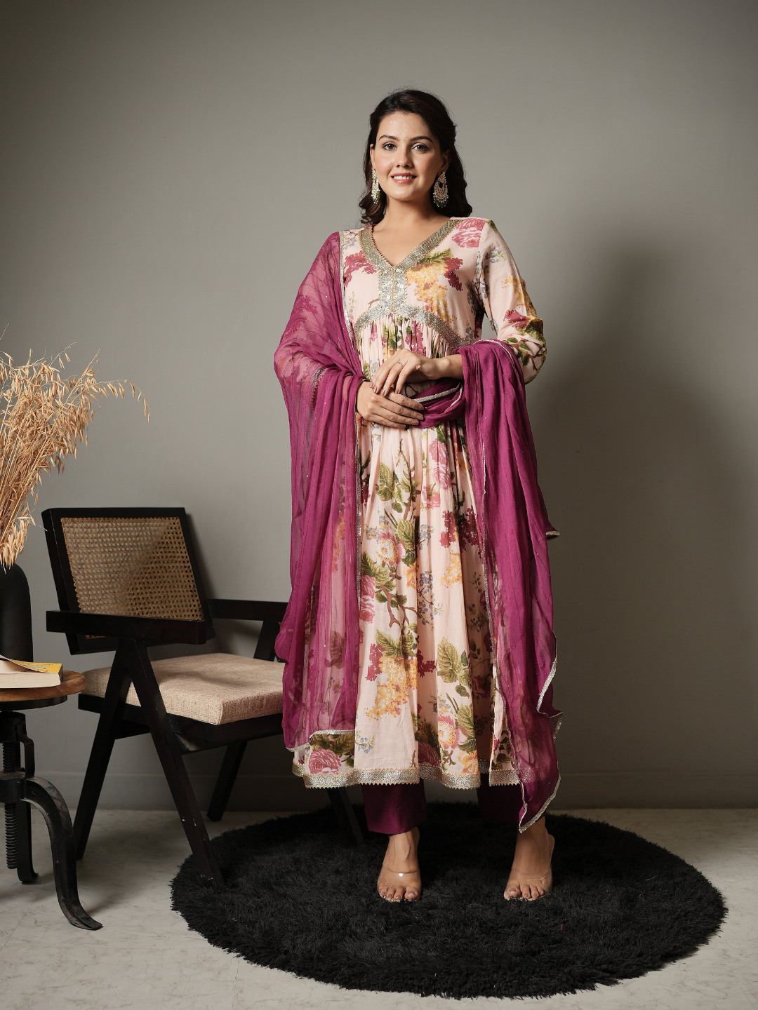 Floral Anarkali Kurta With Pants and Dupatta - Image 3