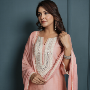 Pastel Pink Chanderi Kurta with Pants and Dupatta - Image 5