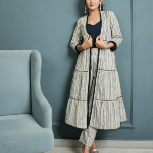 Indigo Crop Top And Pant with Cotton Linen Shrug - Image 5
