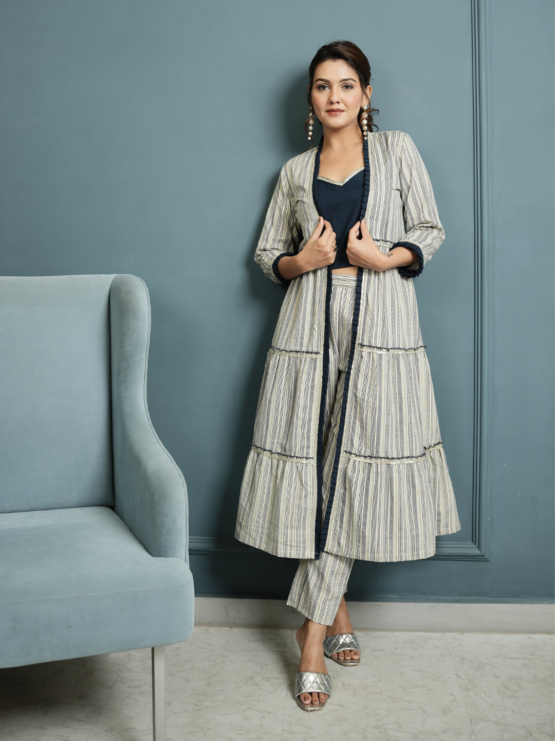 Indigo Crop Top And Pant with Cotton Linen Shrug - Image 5