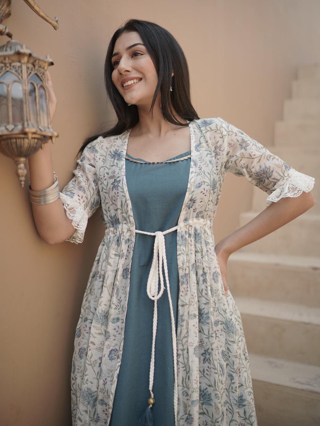 Chanderi Block Print Shrug with Inner Dress - Image 5