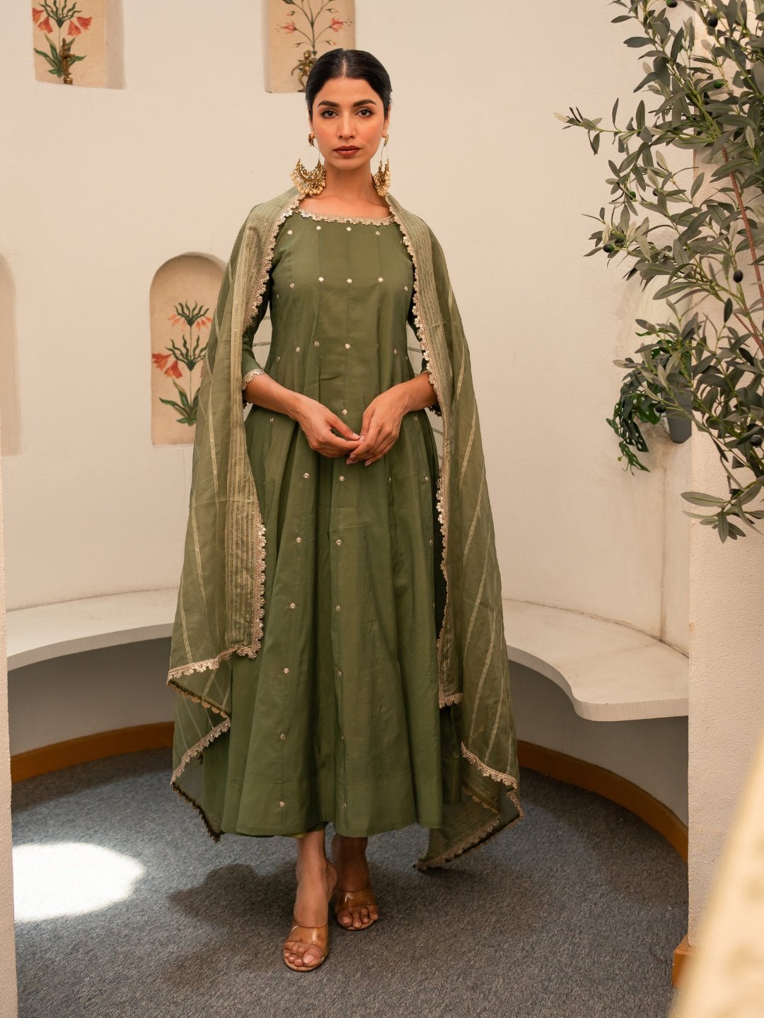 Green Chanderi Anarkali Kurta Set With Dupatta And Pants - Image 5