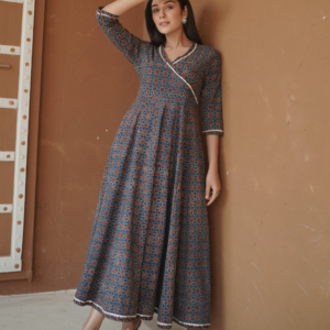 Indigo Ajrakh printed Anarkali Kurta