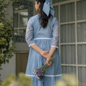 Alternative view of Blue Breeze Dress in Kota Doriya Fabric with Embroidery