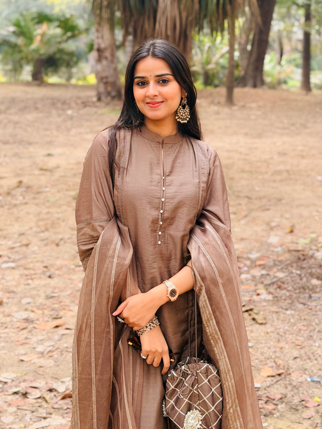 Brown Chanderi Kurta Set With Dupatta And Pants - Image 6