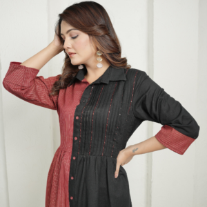 Red Block Print and Black Dress with Detailing - Image 5