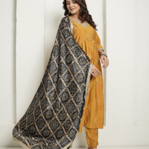 Muslin Yellow Anarkali  Kurta with Black Banhdej Dupatta - Image 5