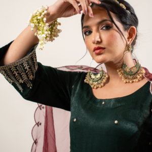 Velvet Satin Green Anarkali With Dupatta And Pants - Image 5
