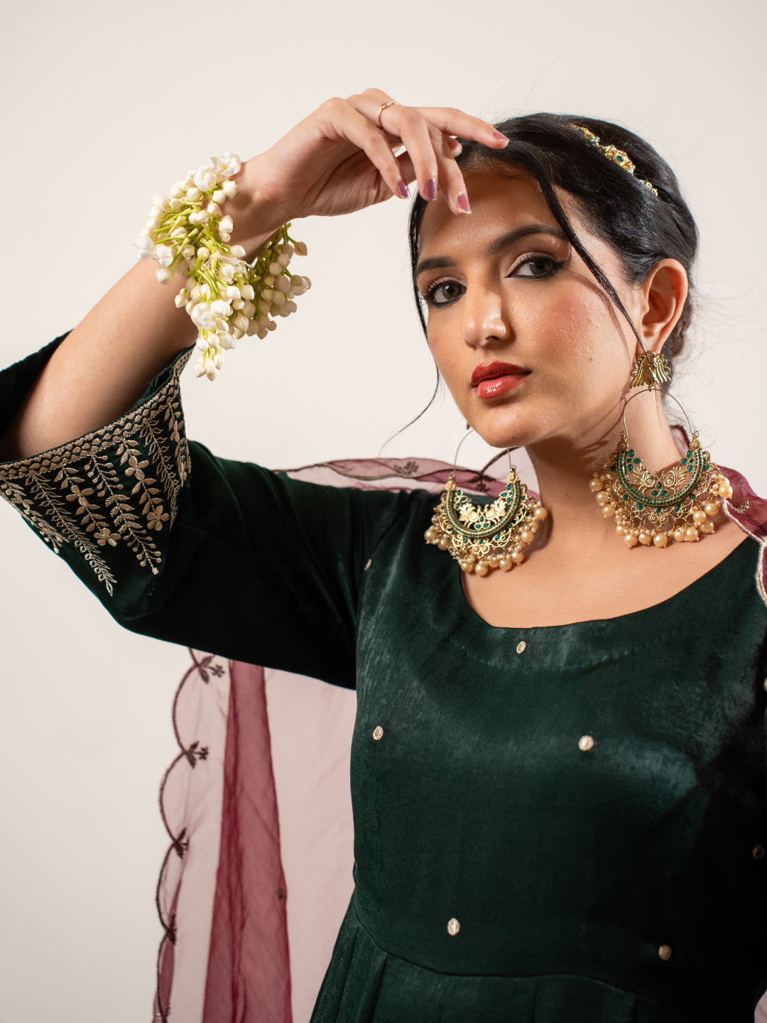 Velvet Satin Green Anarkali With Dupatta And Pants - Image 5
