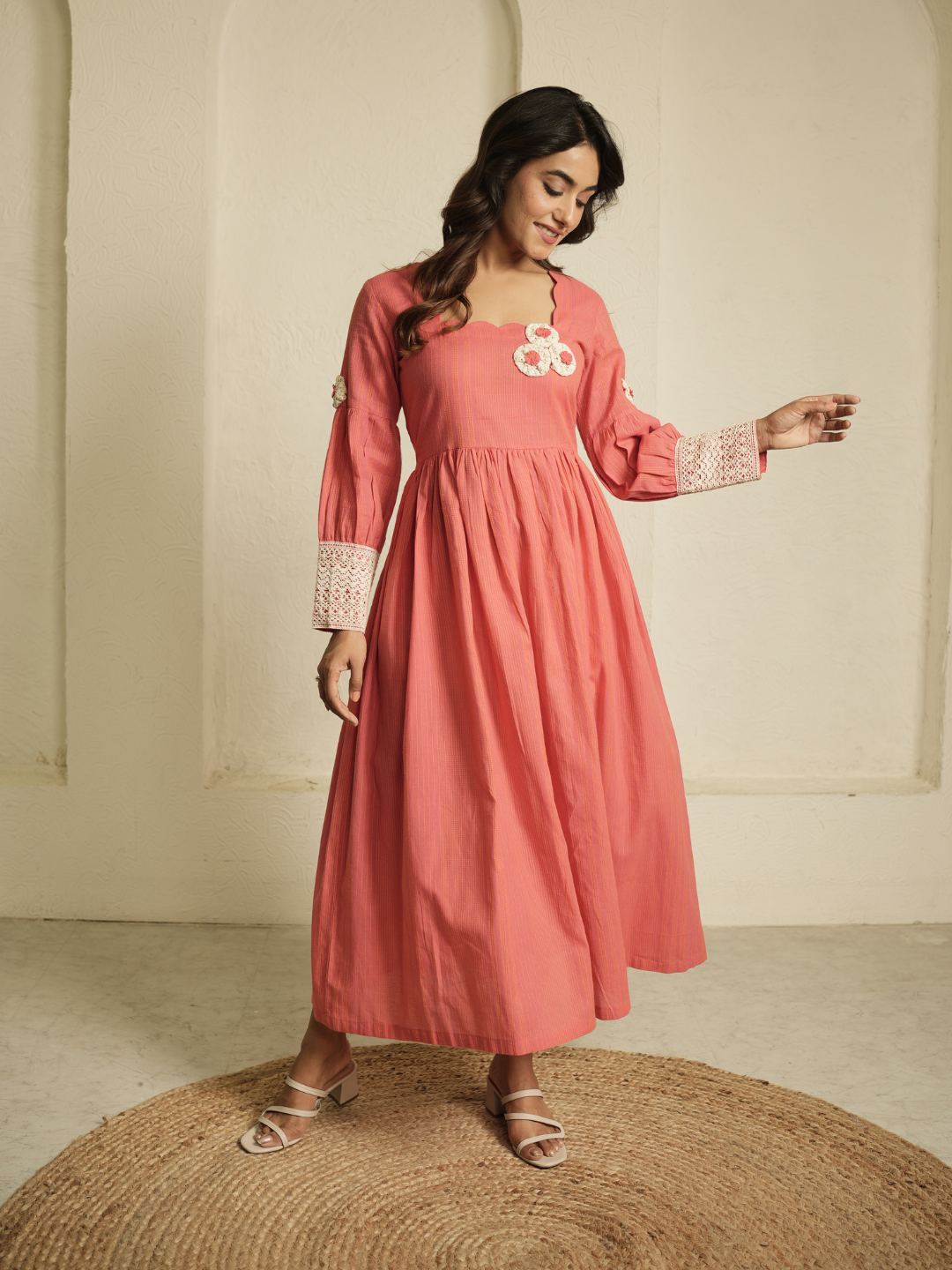 Coral Dress with Lace Detailing