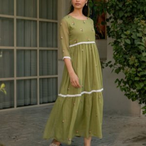Mint Grace Dress in Kota Doriya Fabric with Embroidery - Image 6