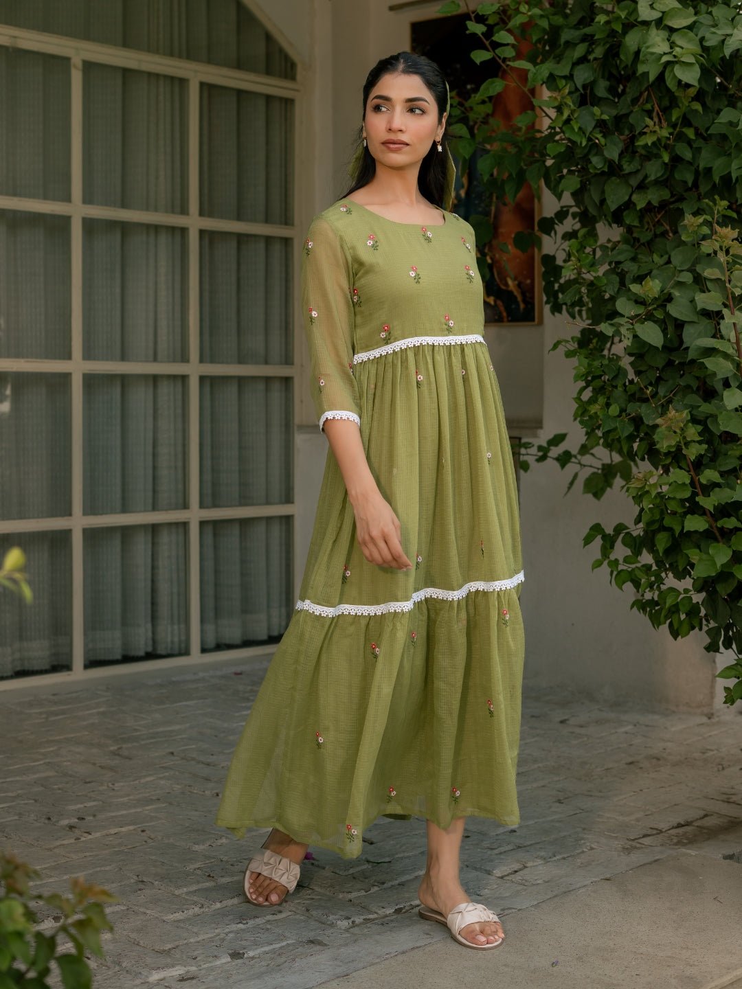 Mint Grace Dress in Kota Doriya Fabric with Embroidery - Image 6