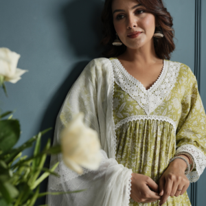 Green White Lace Anarkali Kurta with Pants And Dupatta - Image 5