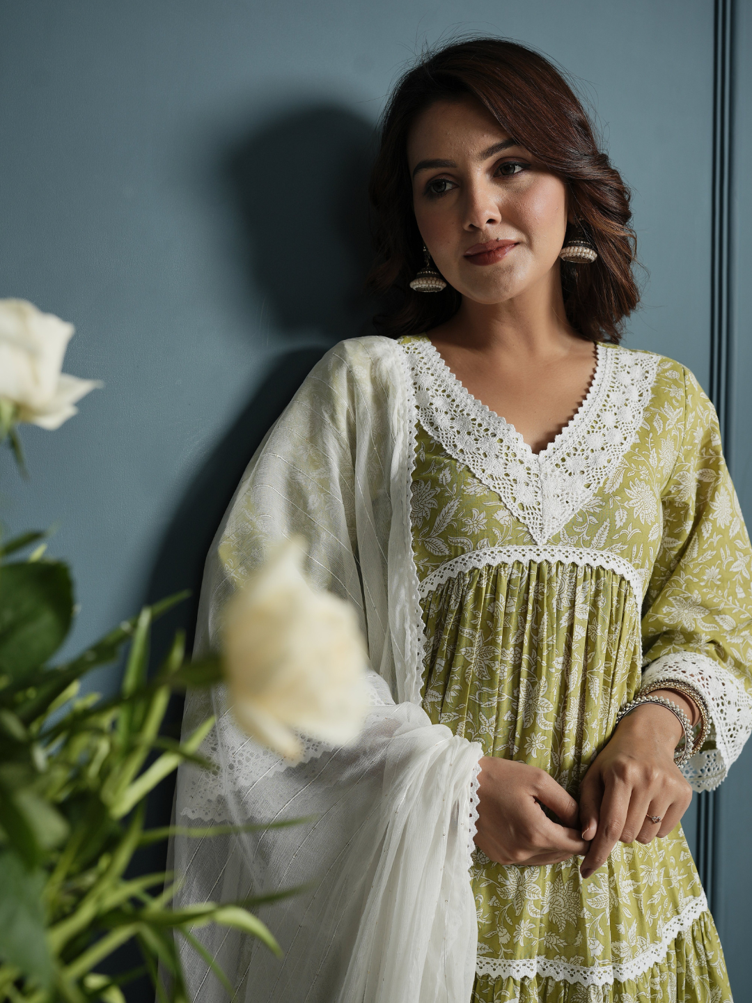 Green White Lace Anarkali Kurta with Pants And Dupatta - Image 5