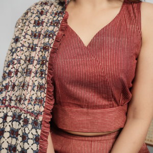 Cotton Linen Co-ord Set with Block Print Ajrakh Shrug - Image 4