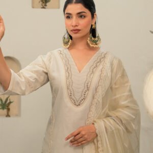 Chanderi Embroidery Pintucks Kurta with Dupatta and Pants - Image 5