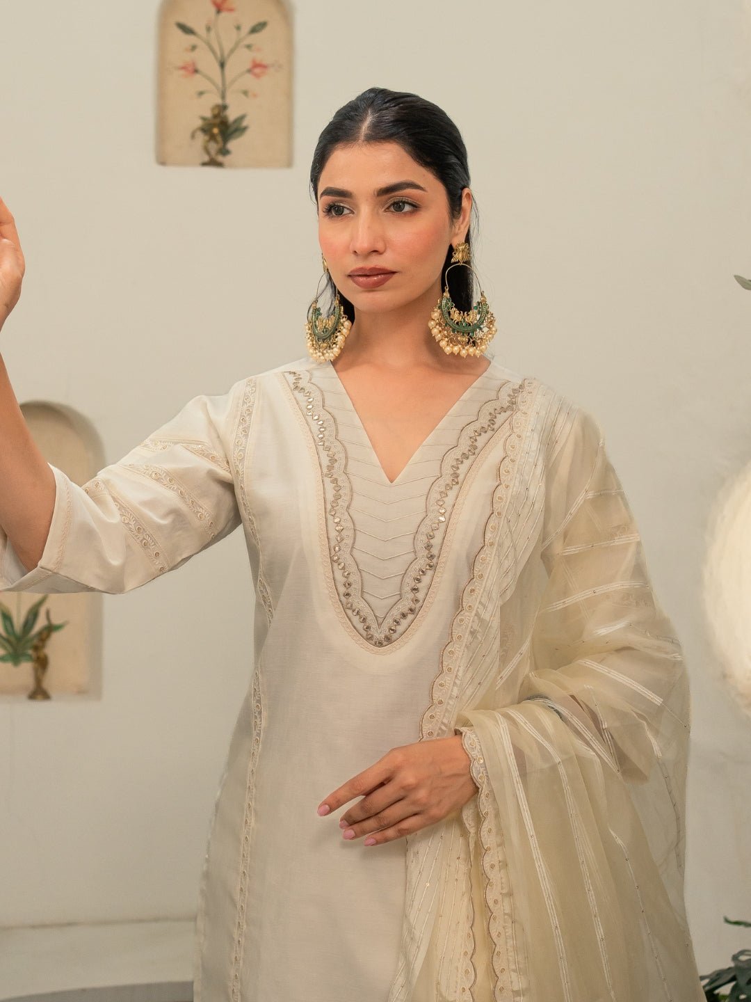 Chanderi Embroidery Pintucks Kurta with Dupatta and Pants - Image 5