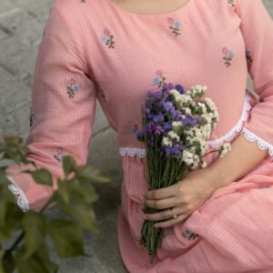 Pink Mist Dress in Kota Doriya Fabric with Embroidery - Image 4