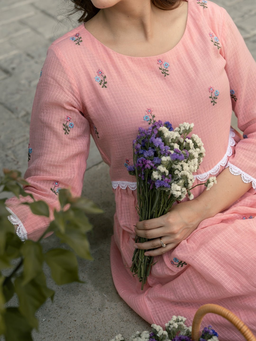 Pink Mist Dress in Kota Doriya Fabric with Embroidery - Image 4